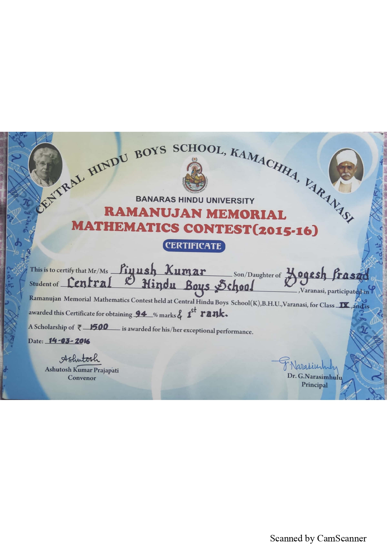 Ramanujan Memorial Mathematics Contest certificate, Class 9th